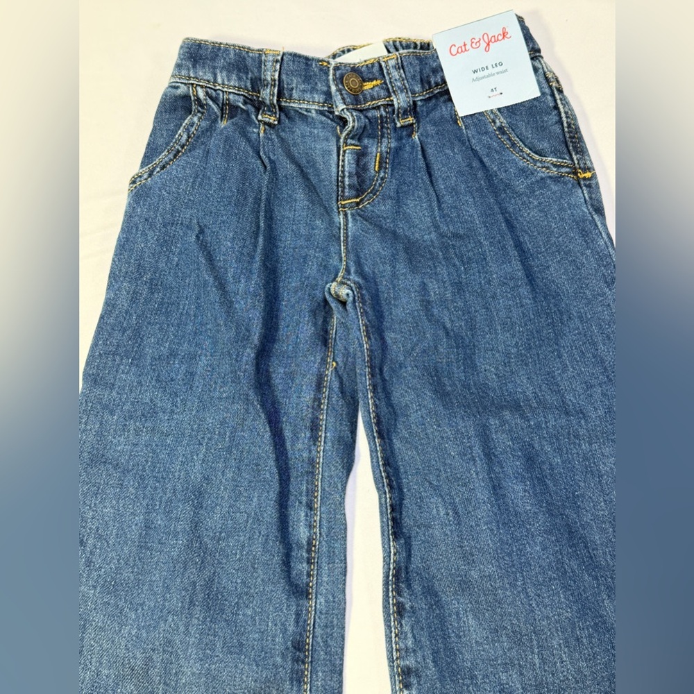 Cat & Jack Pants Wide Leg Denim Pleated Blue Jeans Adjustable Waist Girls 4T New - Picture 2 of 8